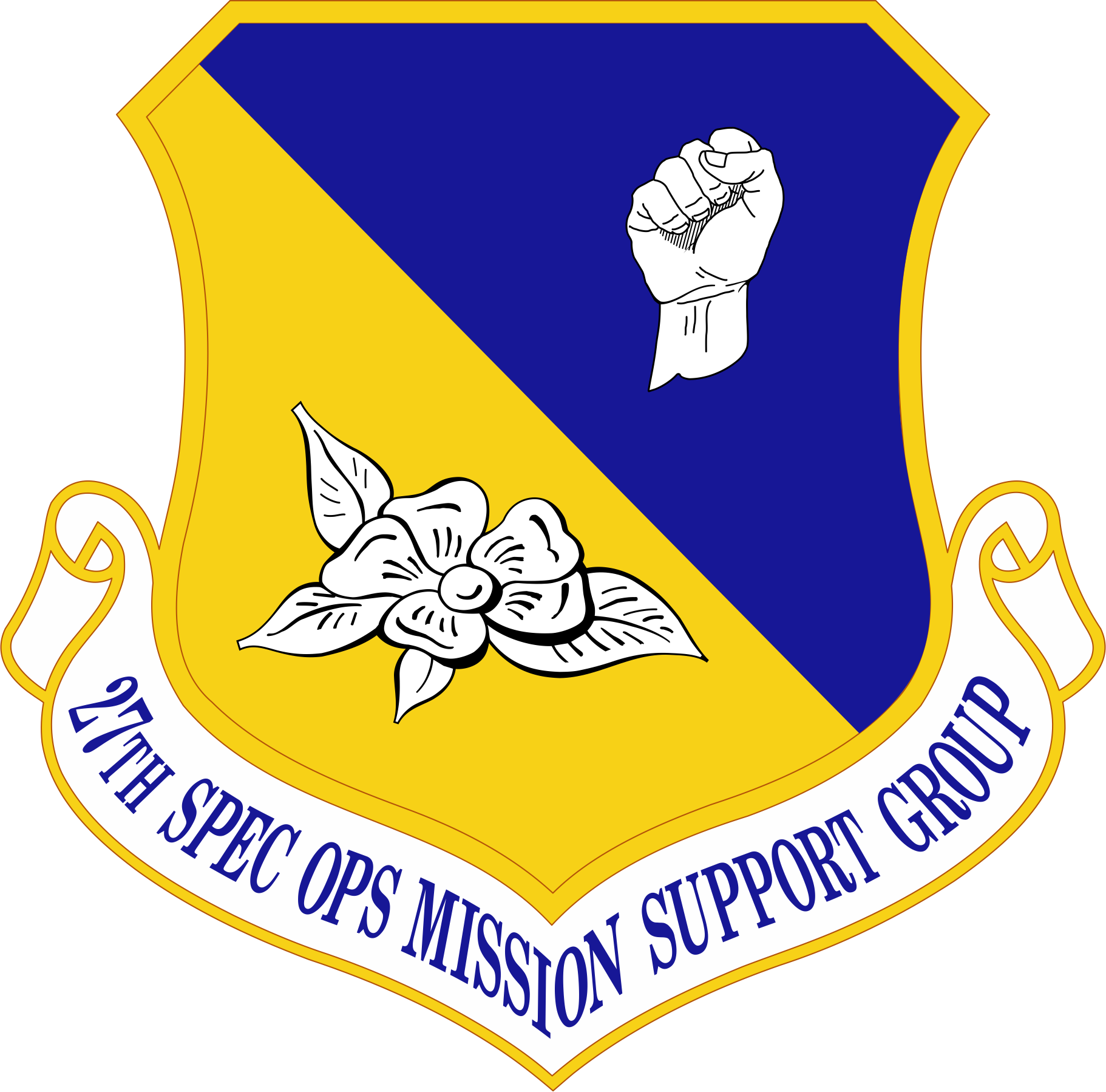 A blue and yellow shield houses a clenched fist and magnolia flower with the words '27th Special Operations Mission Support Group' displayed on a banner below.