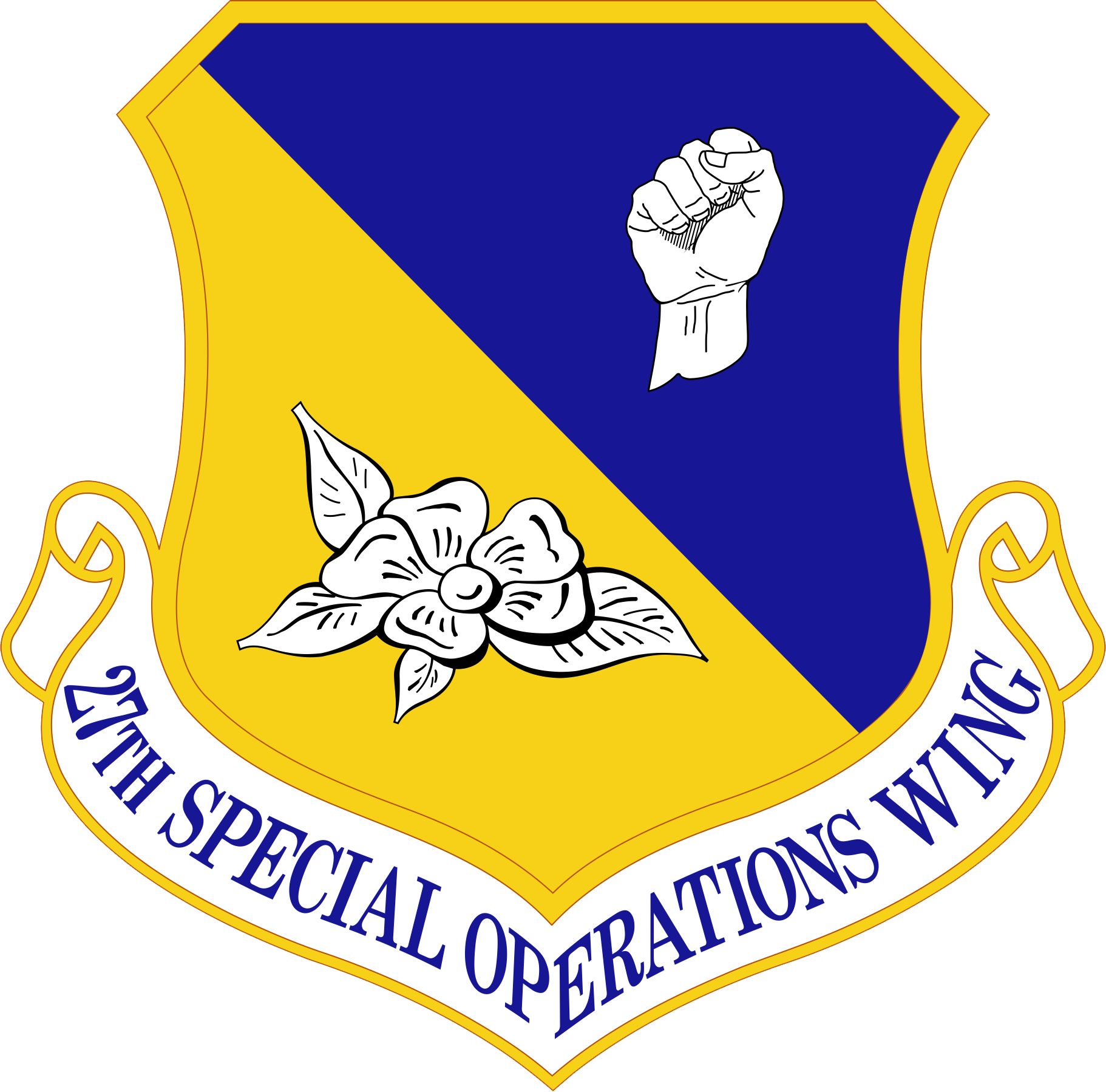 A blue and yellow shield houses a clenched fist and magnolia flower with the words '27th Special Operations Wing' displayed on a banner below.