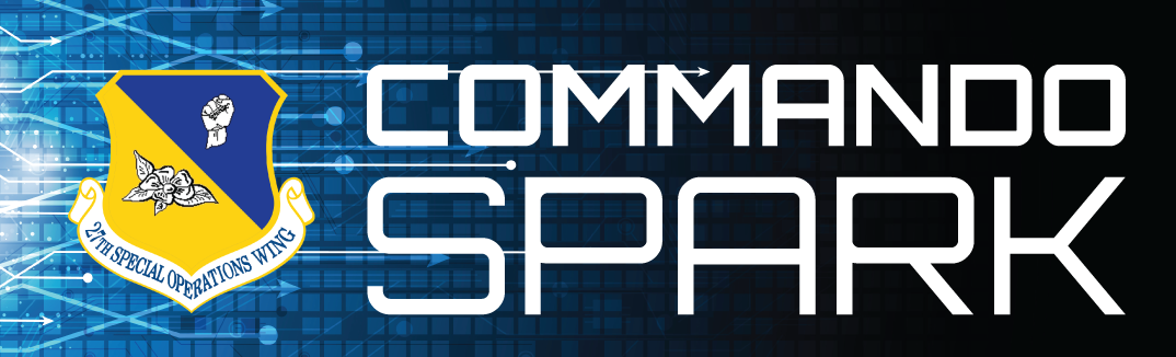 A graphic reads "Commando Spark" infront of blue digital background and sits next to the 27 SOW shield