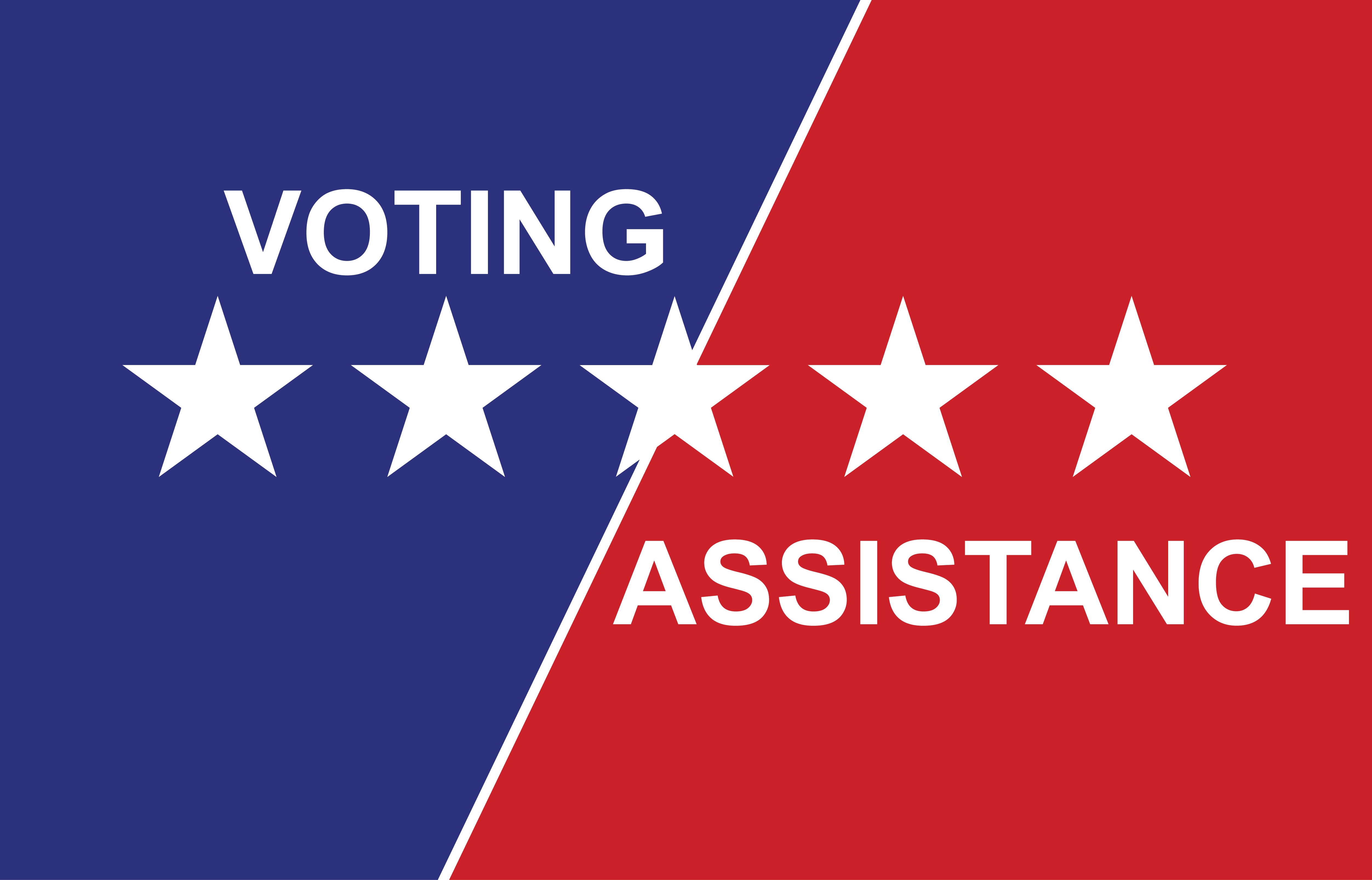 A blue and red backgroun sits behind the words voting assistance and 5 stars